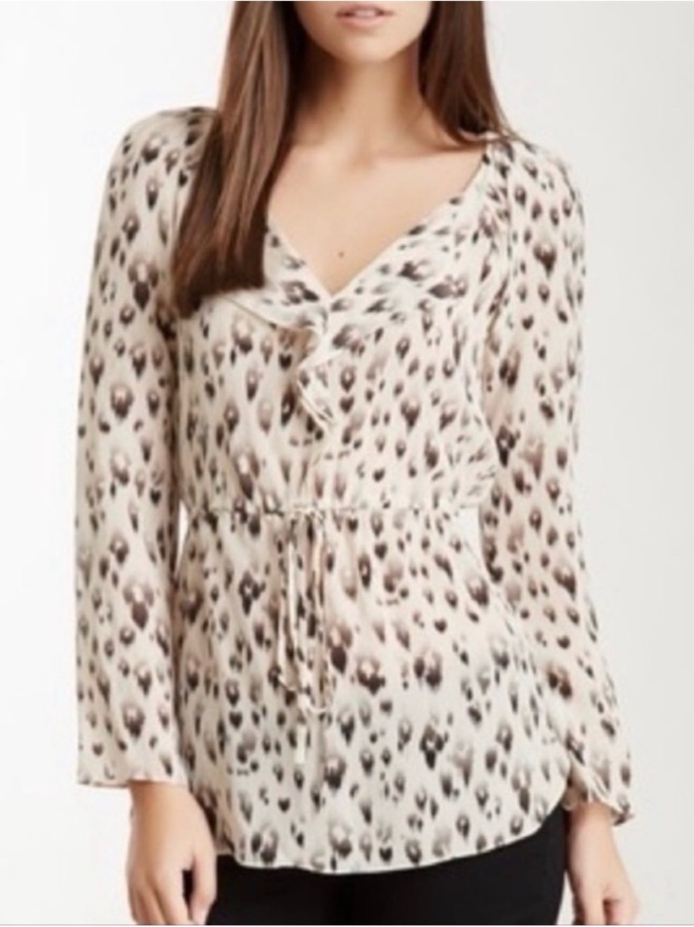 Rebecca Taylor Ivory and Black Printed Silk Top with Pink Logo Tag